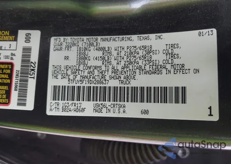 2013 Toyota Tundra Grade 5.7L V8 z USA, uszkodzony, nr VIN 5TFUY5F19DX288637